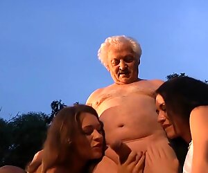Ugly old man seduces by two gorgeous babes