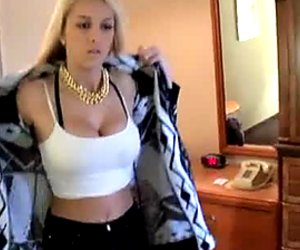 Pretty hot blonde gives interview and sucks big cock at home